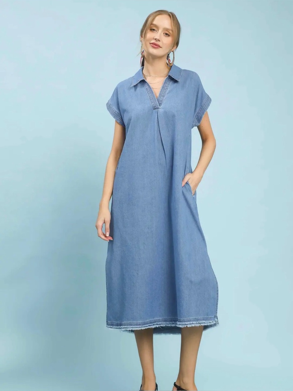 Umgee Stone Washed Collared Denim Midi Dress - Picture 6 of 7